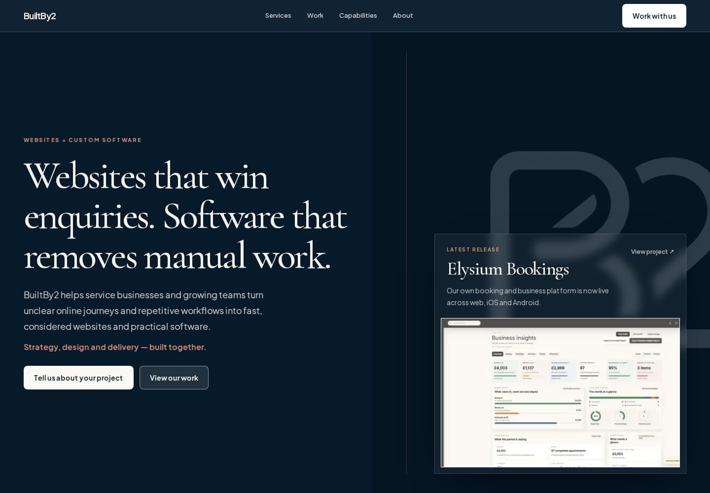 BuiltBy2 studio homepage presenting websites and custom software services.