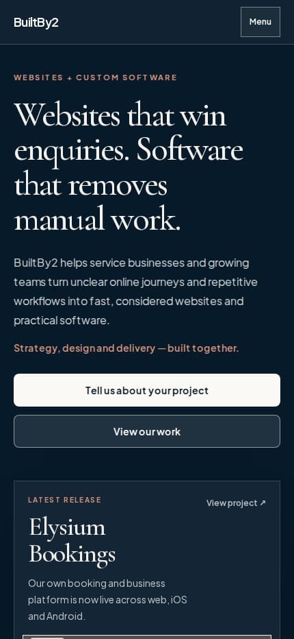 BuiltBy2 studio homepage at a mobile viewport.