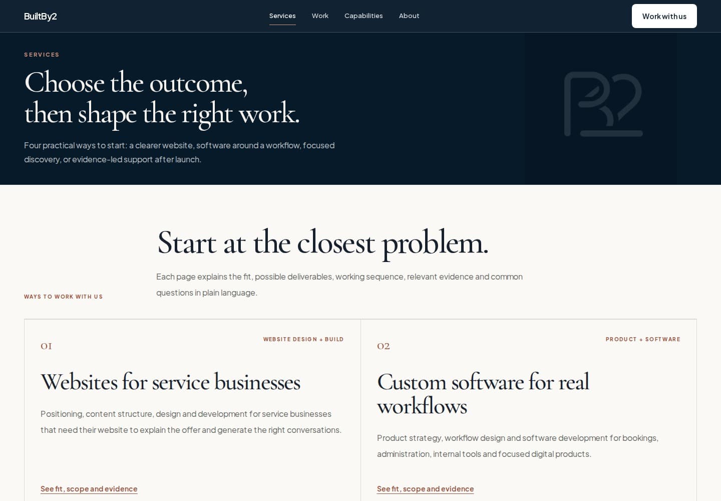 BuiltBy2 services page presenting website, software, discovery and support work.