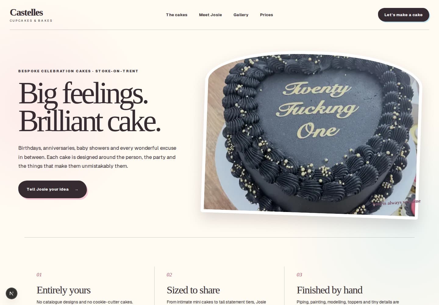 Castelles celebration cakes page with a dramatic black birthday cake.