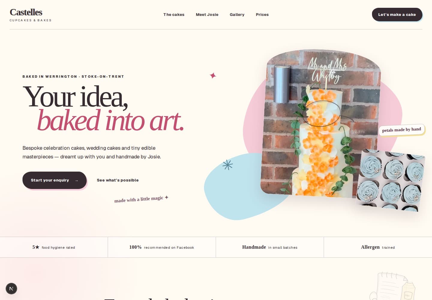Castelles Cupcakes and Bakes website concept with editorial typography and bespoke cake imagery.