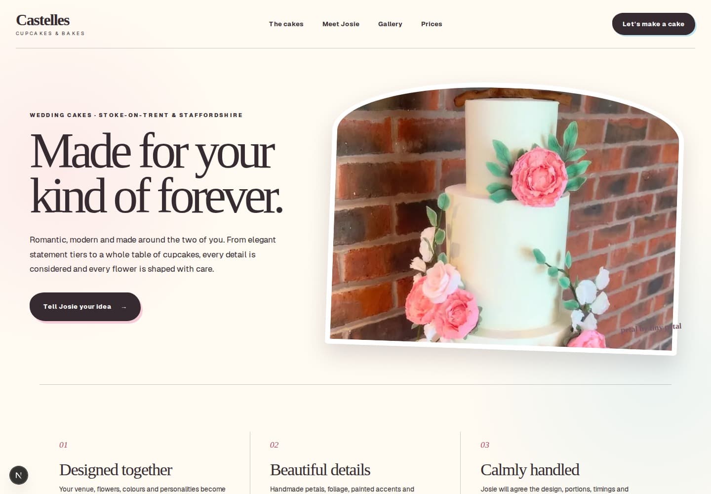 Castelles wedding cakes page with a handmade floral tiered cake.