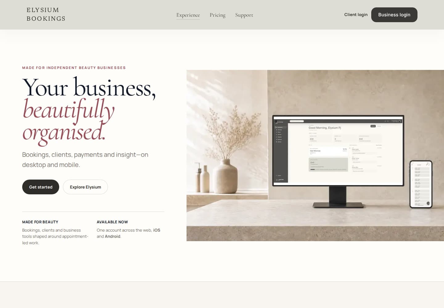 Elysium Bookings website homepage presenting the platform across desktop and mobile devices.