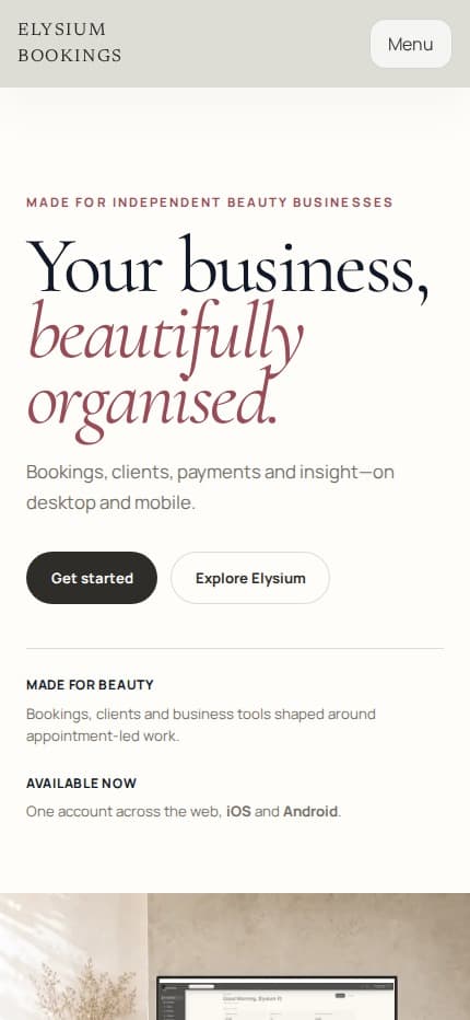 Elysium Bookings mobile website homepage presenting the product's benefits and availability.
