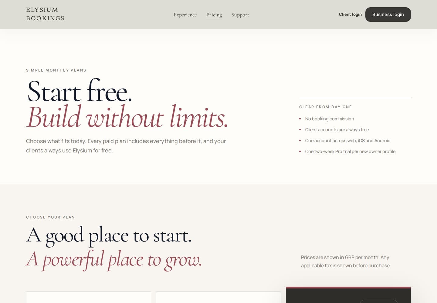 Elysium Bookings pricing page with simple monthly plan positioning.