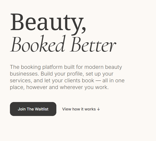 Elysium Bookings landing page preview with the headline Beauty, Booked Better.
