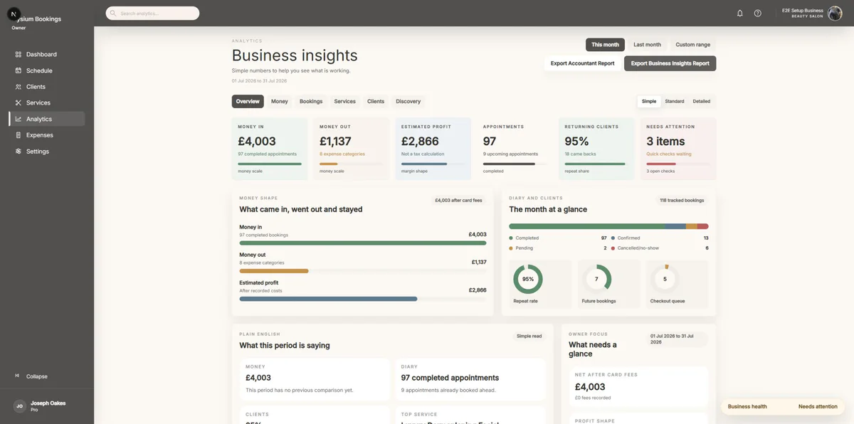 Elysium Bookings business insights dashboard showing bookings, money and returning clients.