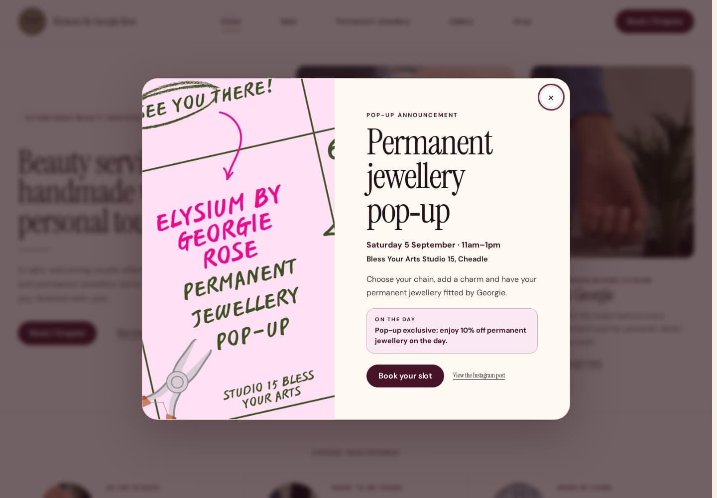 Elysium By Georgie Rose promotional pop-up for a permanent jewellery event.
