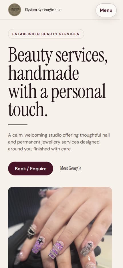 Elysium By Georgie Rose homepage at a mobile viewport.
