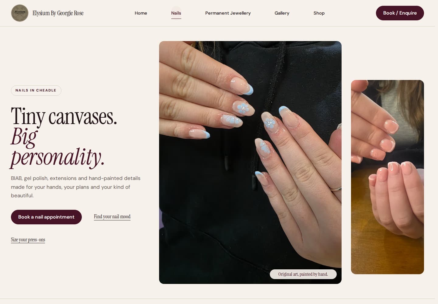 Elysium By Georgie Rose nails page with detailed nail photography.