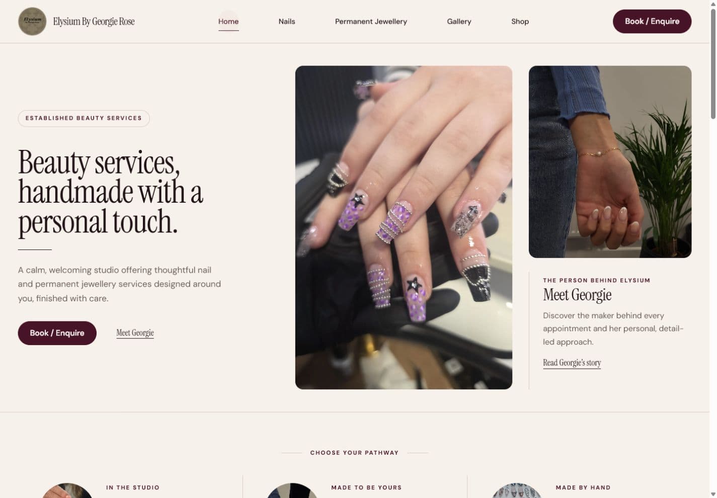 Elysium By Georgie Rose homepage showing luxury nails and permanent jewellery services.