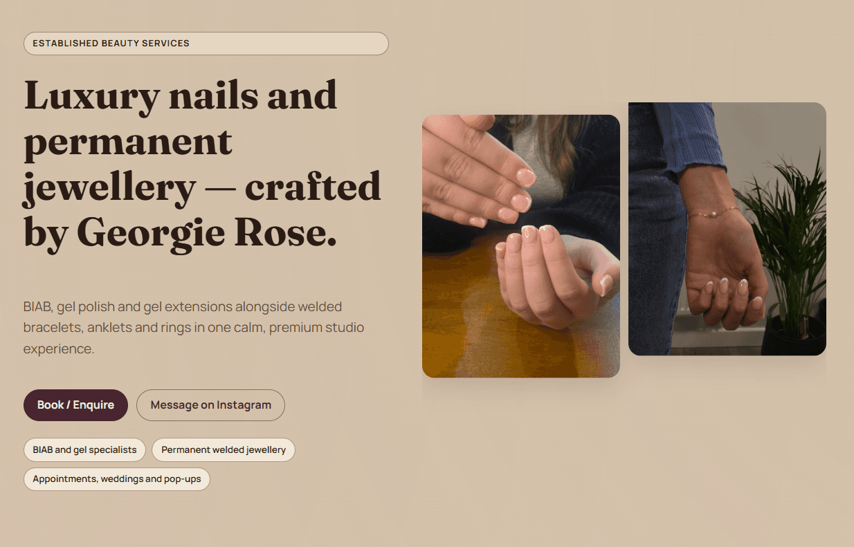 Elysium By Georgie Rose homepage showing luxury nails and permanent jewellery services.