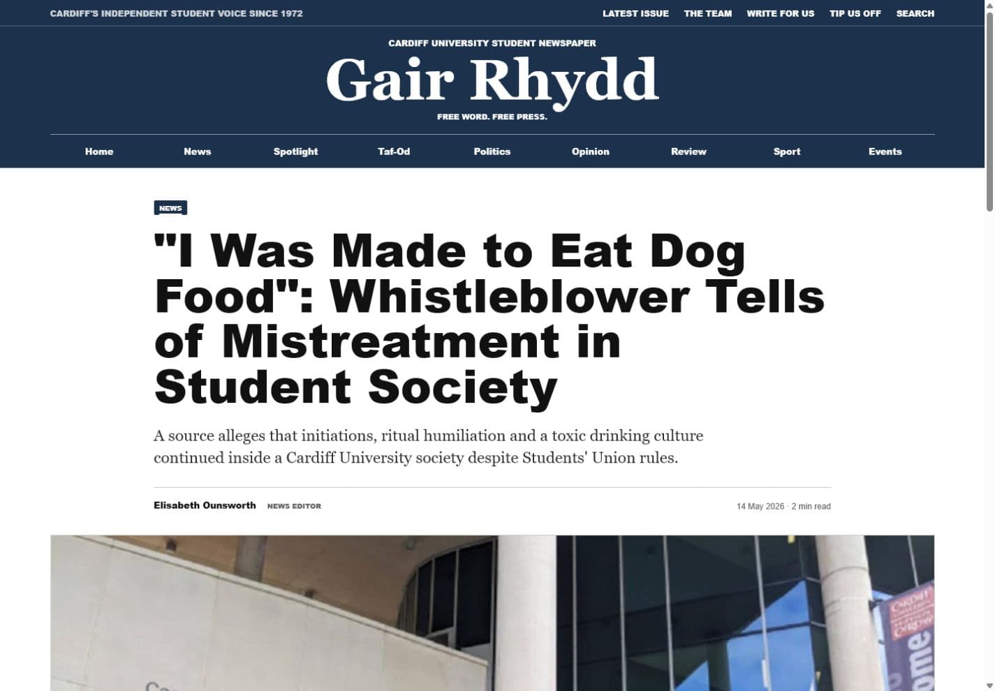 Gair Rhydd article page prototype.