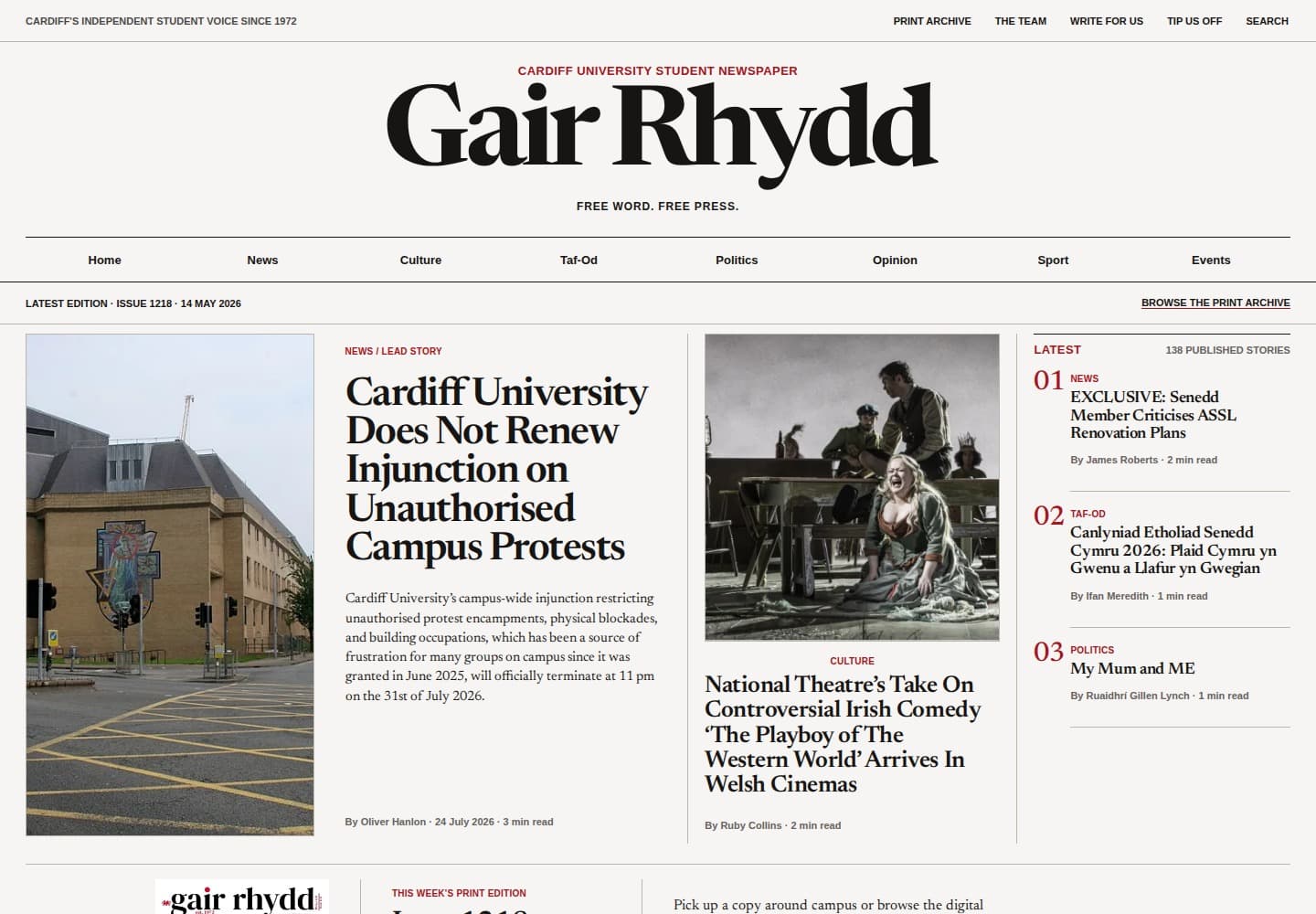 Gair Rhydd editorial homepage prototype showing the latest newspaper stories and issue artwork.