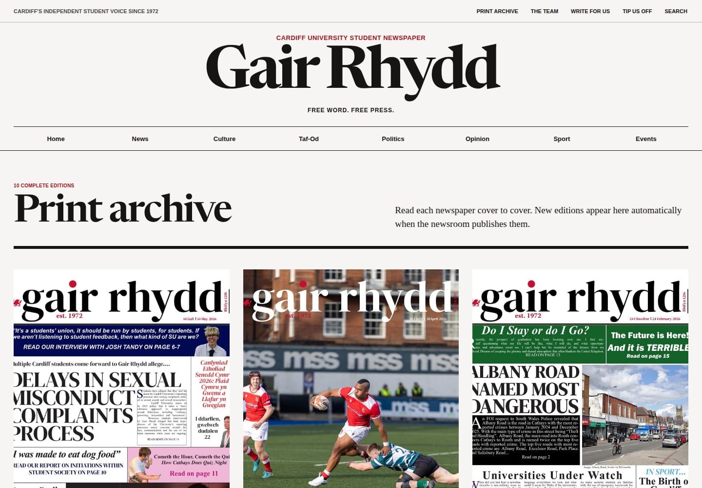 Gair Rhydd digital print archive showing a grid of newspaper editions.