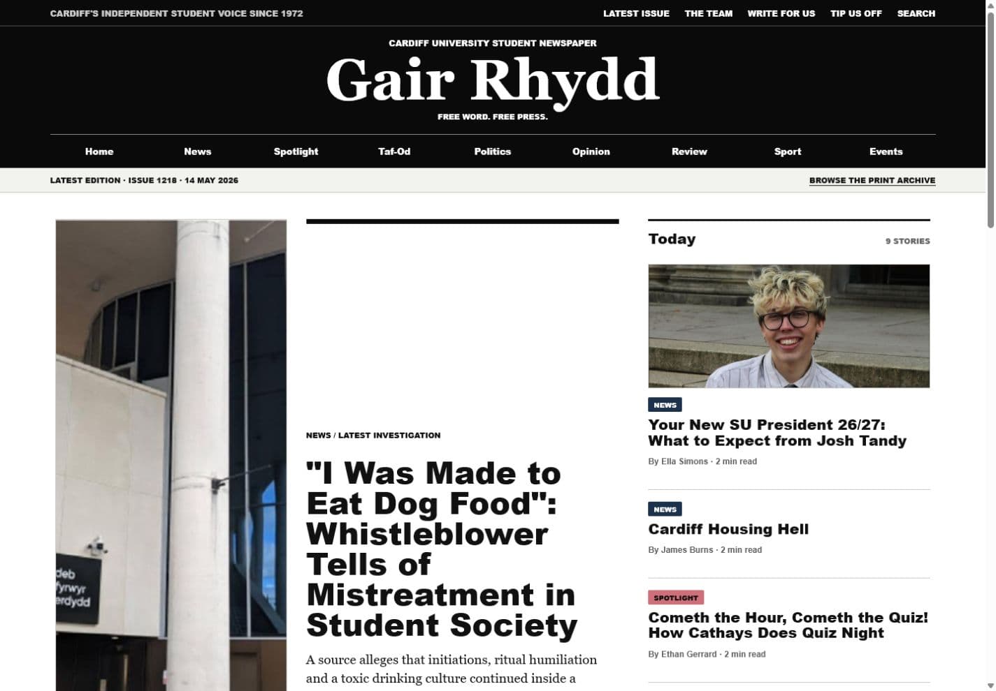 Gair Rhydd editorial homepage prototype showing the latest newspaper stories and issue artwork.