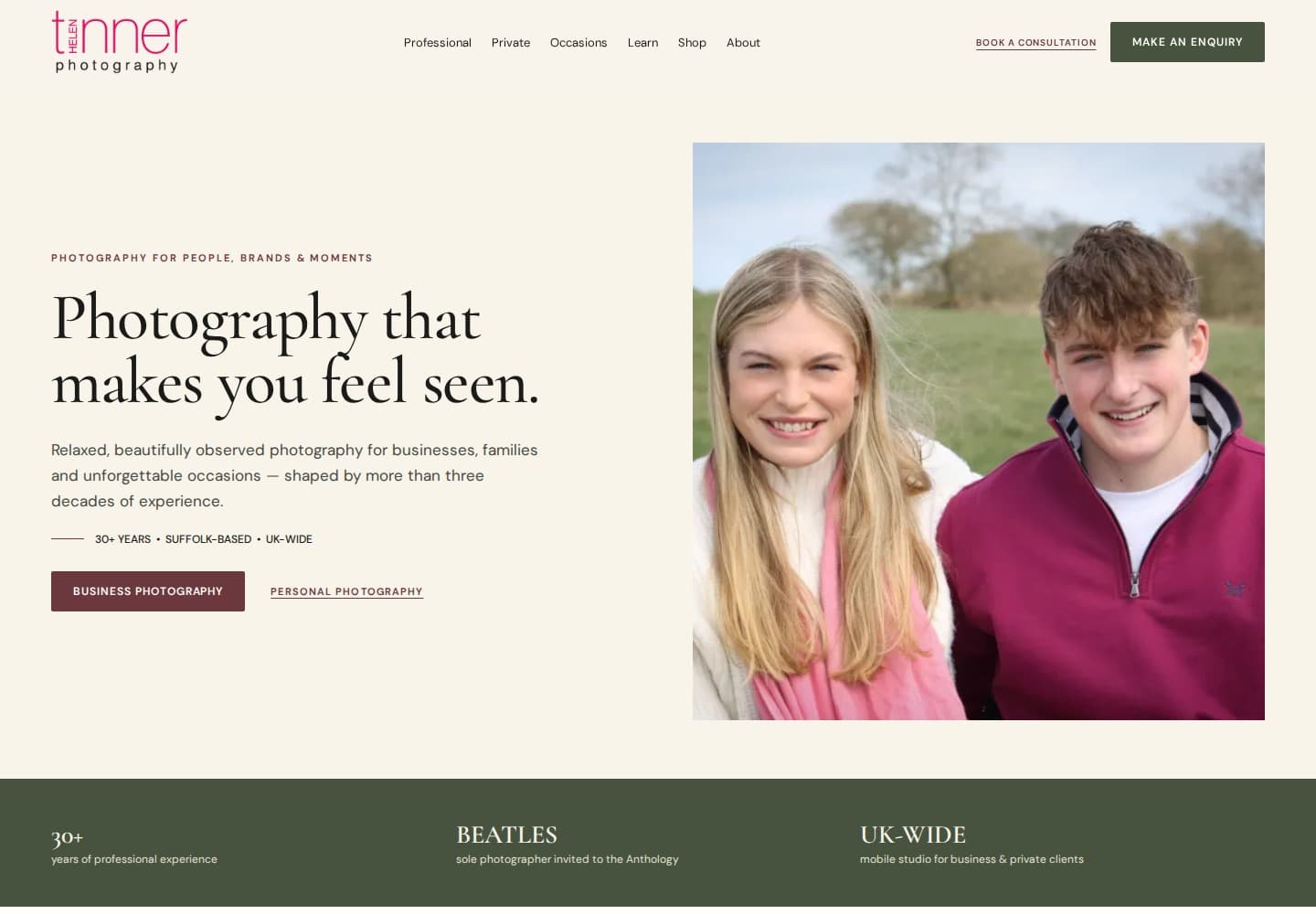 Helen Tinner Photography homepage presenting photography for people, brands and moments.