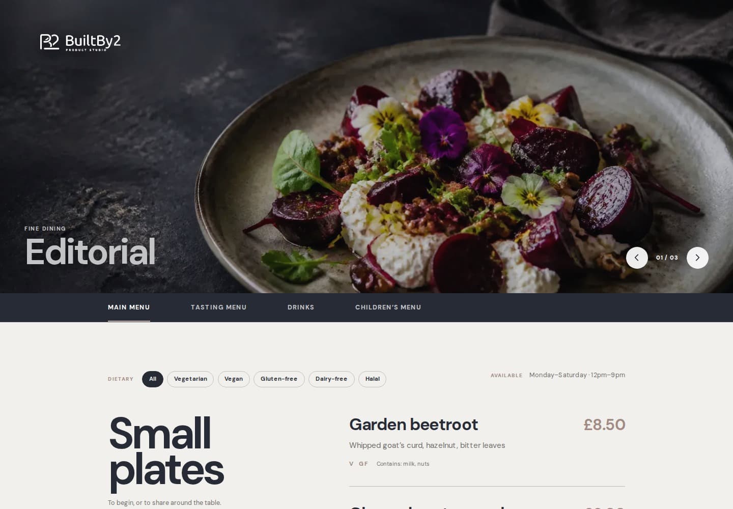 Menu Building demonstration showing a responsive editorial dining menu.