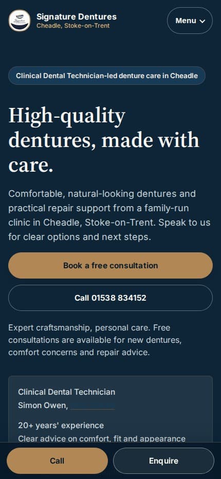 Signature Dentures mobile homepage with persistent call and enquiry actions.