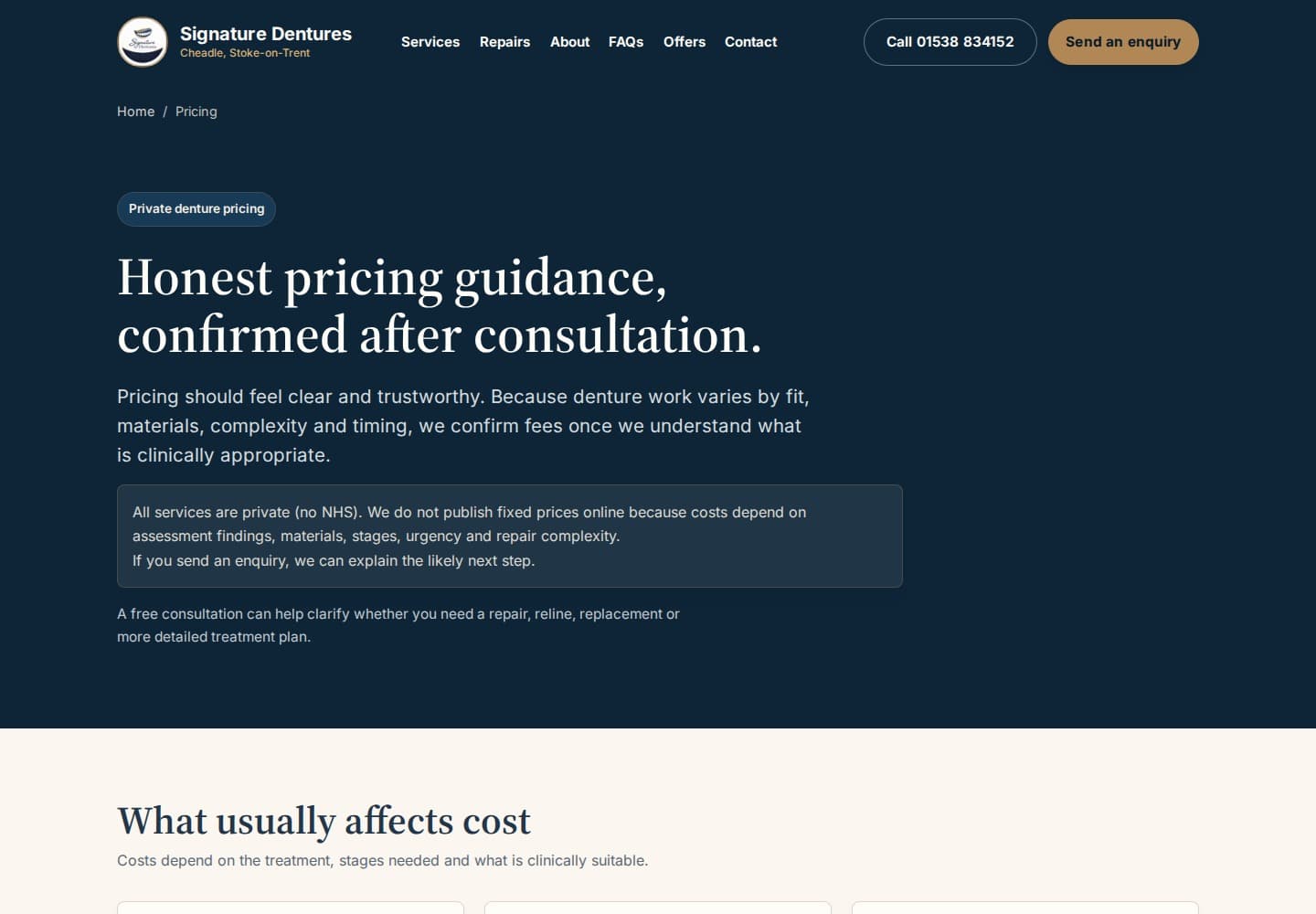Signature Dentures pricing guidance page explaining consultation-led fees.