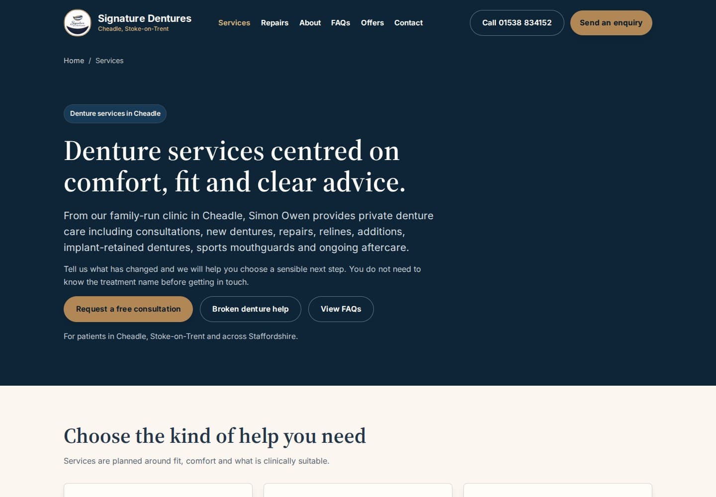Signature Dentures services page explaining private denture care in Cheadle.