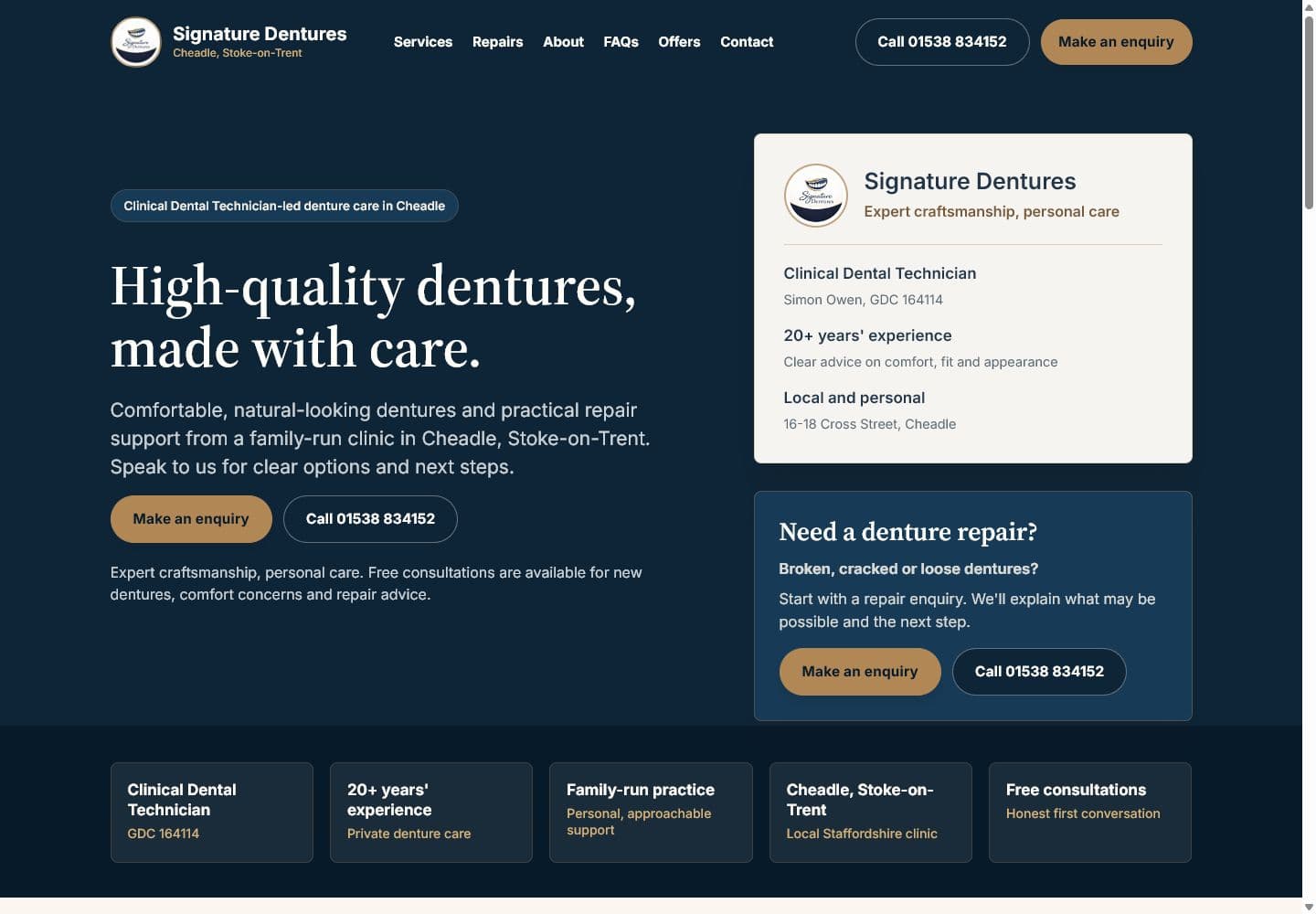 Signature Dentures homepage showing the denture clinic hero section.