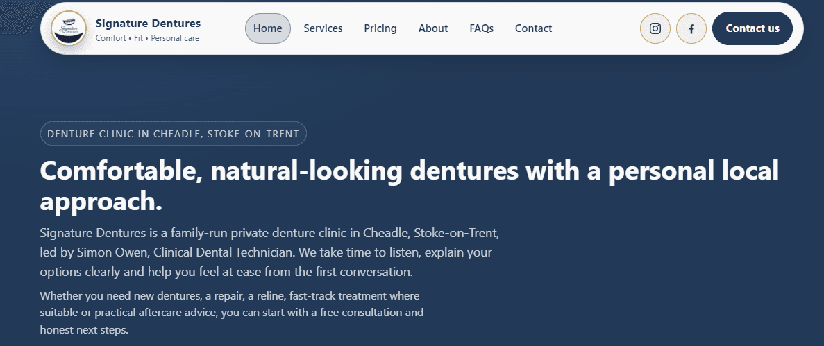 Signature Dentures homepage showing the denture clinic hero section.
