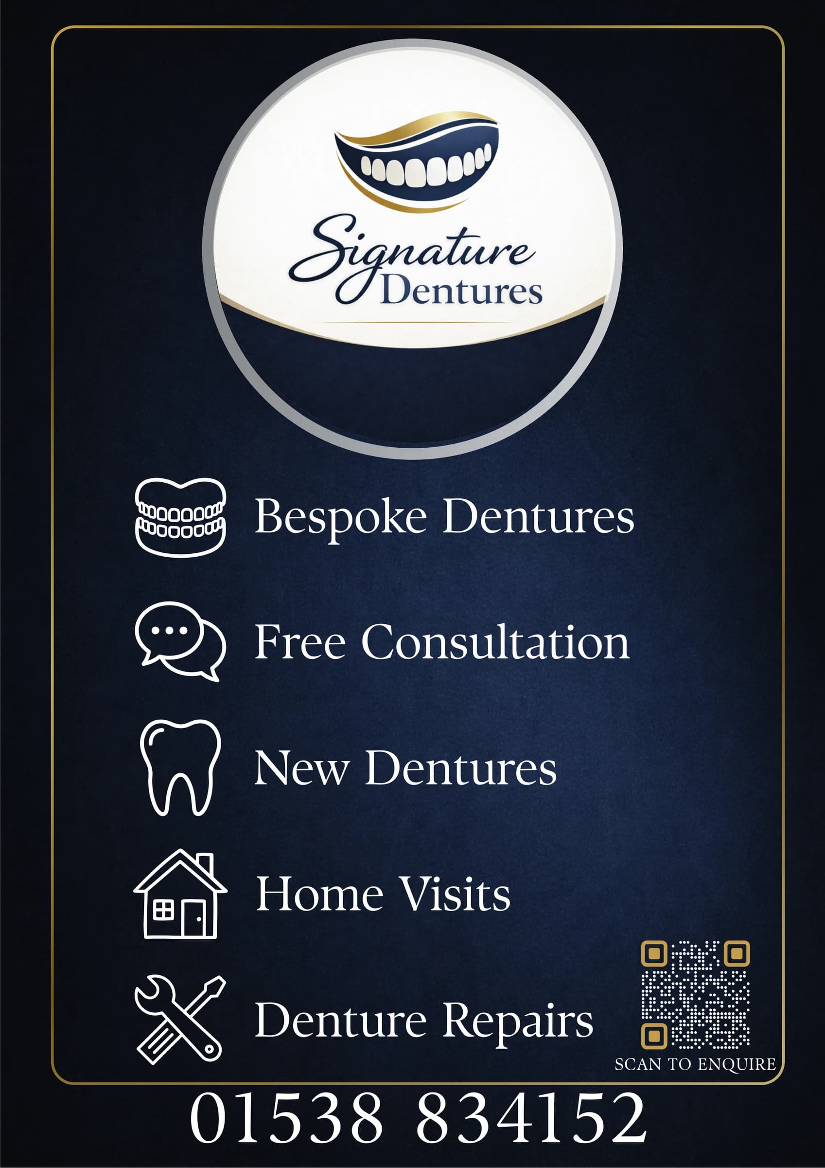 Signature Dentures A-board design with enquiry QR code and core service list.