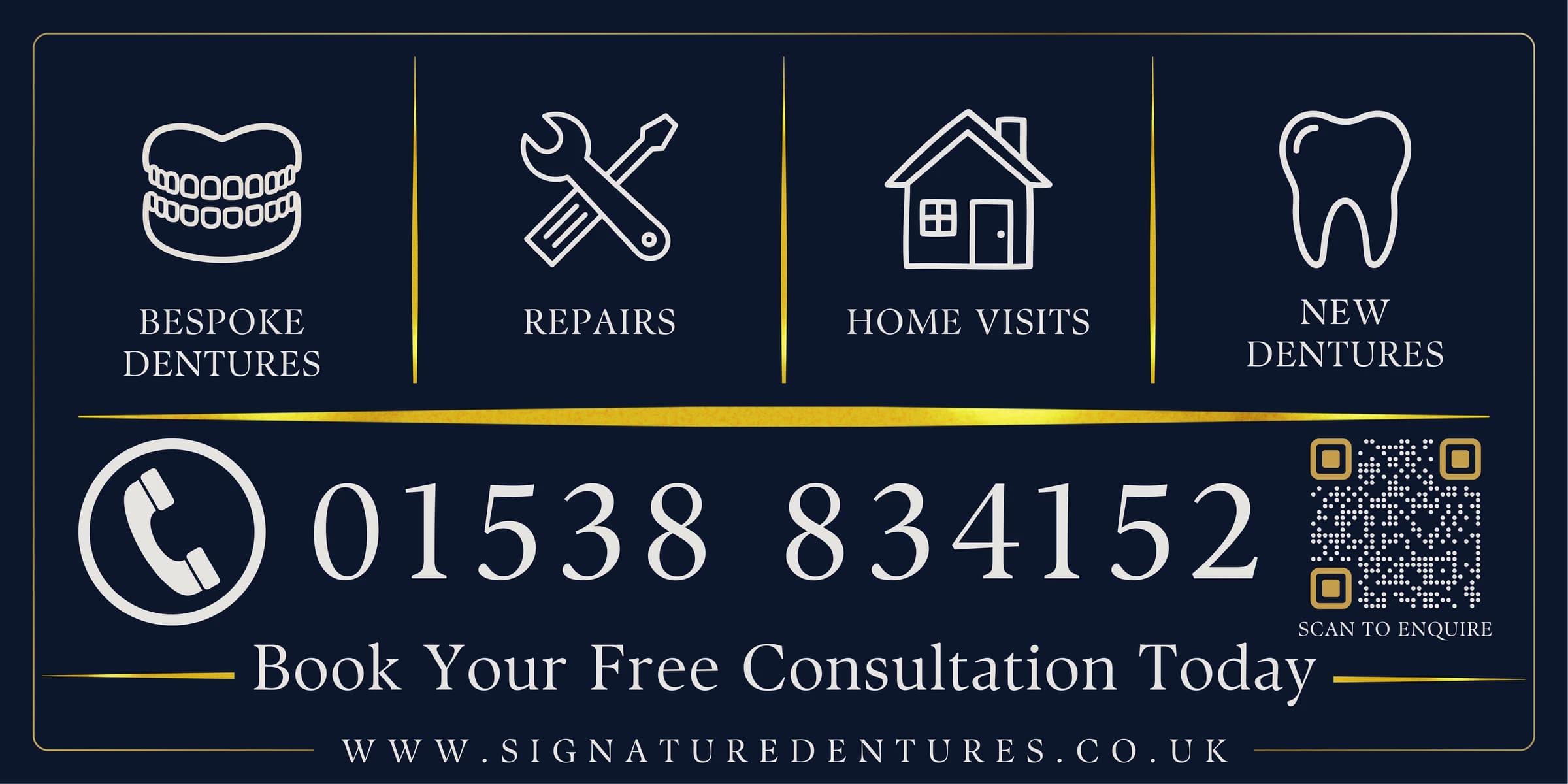 Signature Dentures marketing banner highlighting bespoke dentures, repairs, home visits and new dentures.