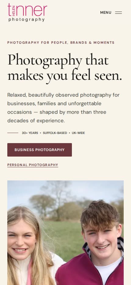 Helen Tinner Photography mobile homepage with service calls to action and portrait imagery.