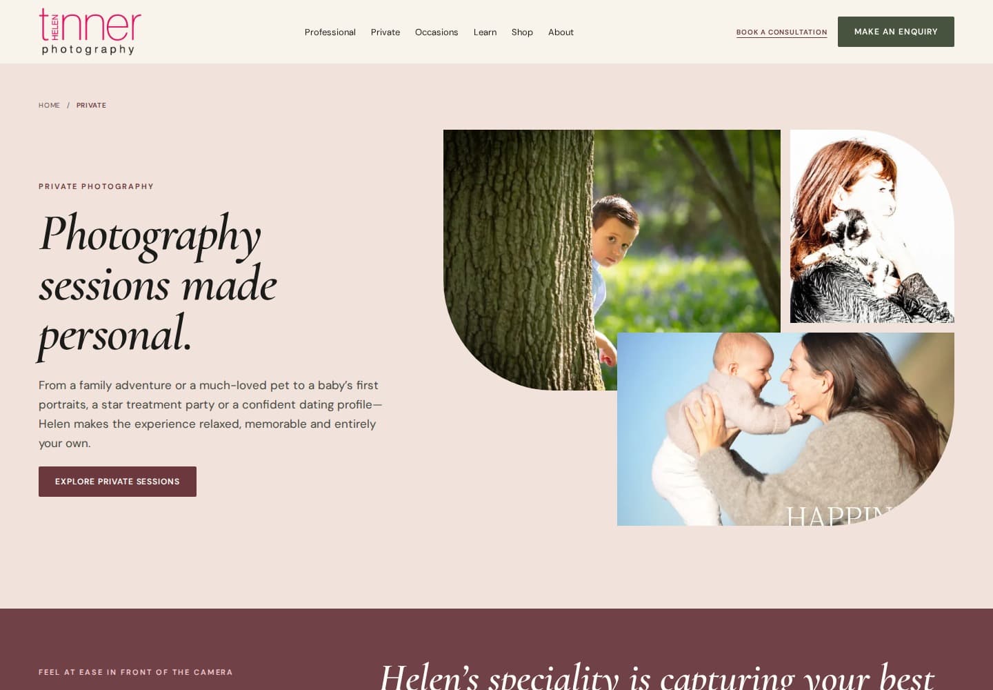 Helen Tinner Photography private sessions page with family and portrait imagery.