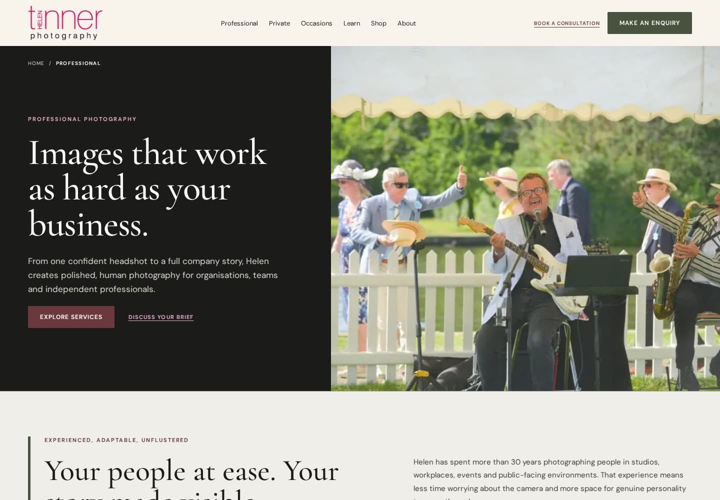 Helen Tinner Photography professional services page with business event photography.