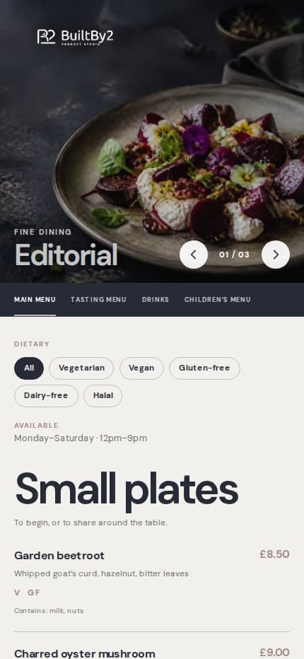 Menu Building public demonstration menu at a mobile viewport.