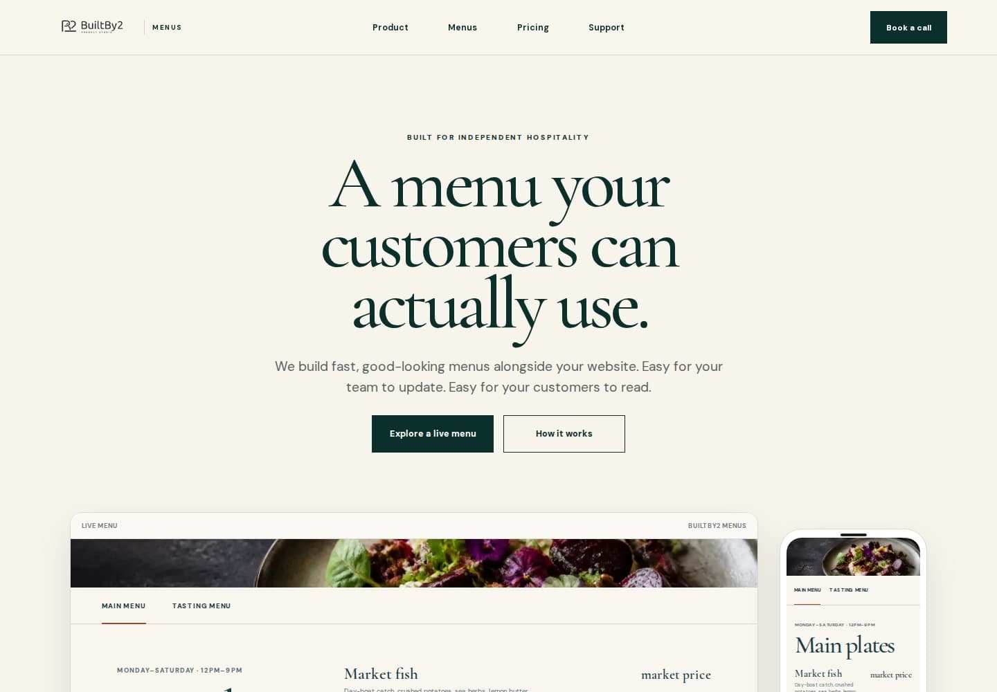 Menu Building product homepage explaining fast, easy-to-update menu websites.