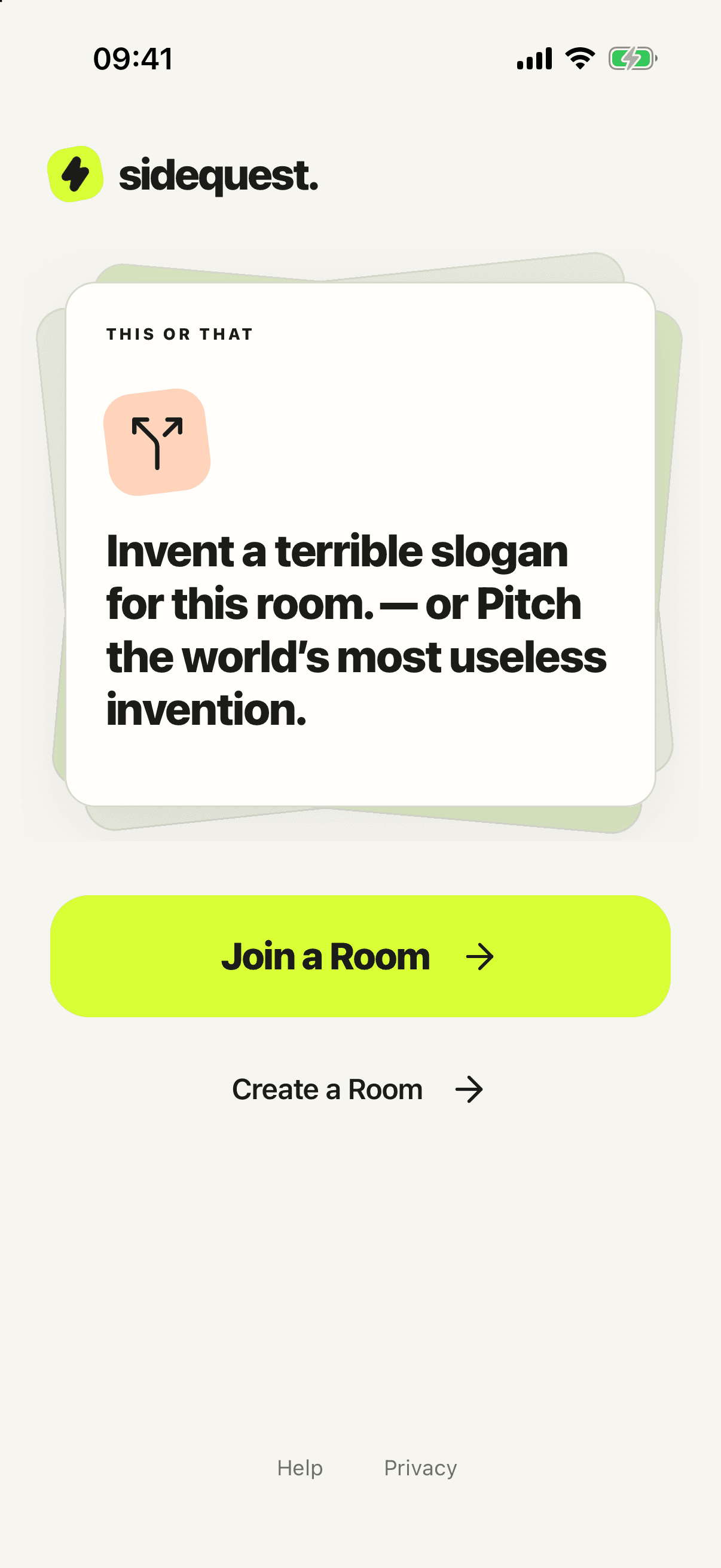 The Sidequest app home screen with a playful challenge and room controls.