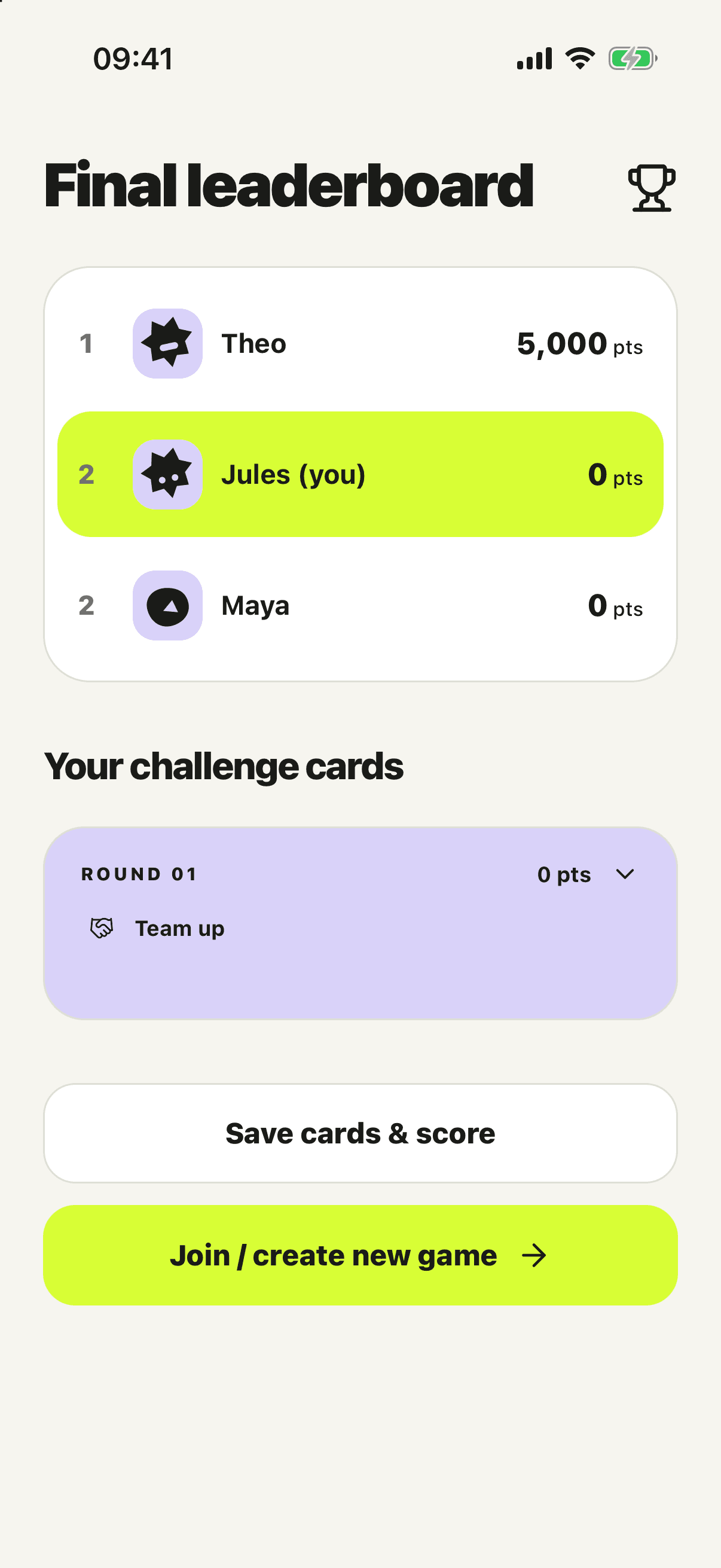 Sidequest's final scores for a fictional demo game.